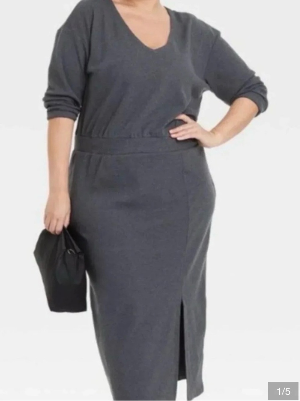 Ava & Viv Plus-Size V-Neck Charcoal Gray Knit Midi Dress 2X